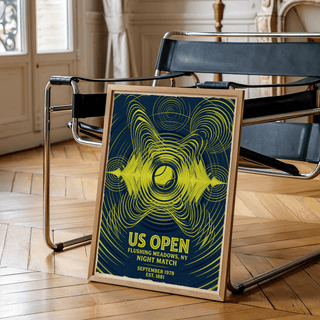 Graphic tournament print poster showing concentric circles, wave lines, and a tennis ball icon with US OPEN typography