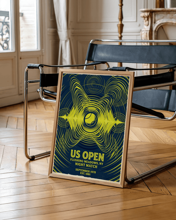 Graphic tournament print poster showing concentric circles, wave lines, and a tennis ball icon with US OPEN typography