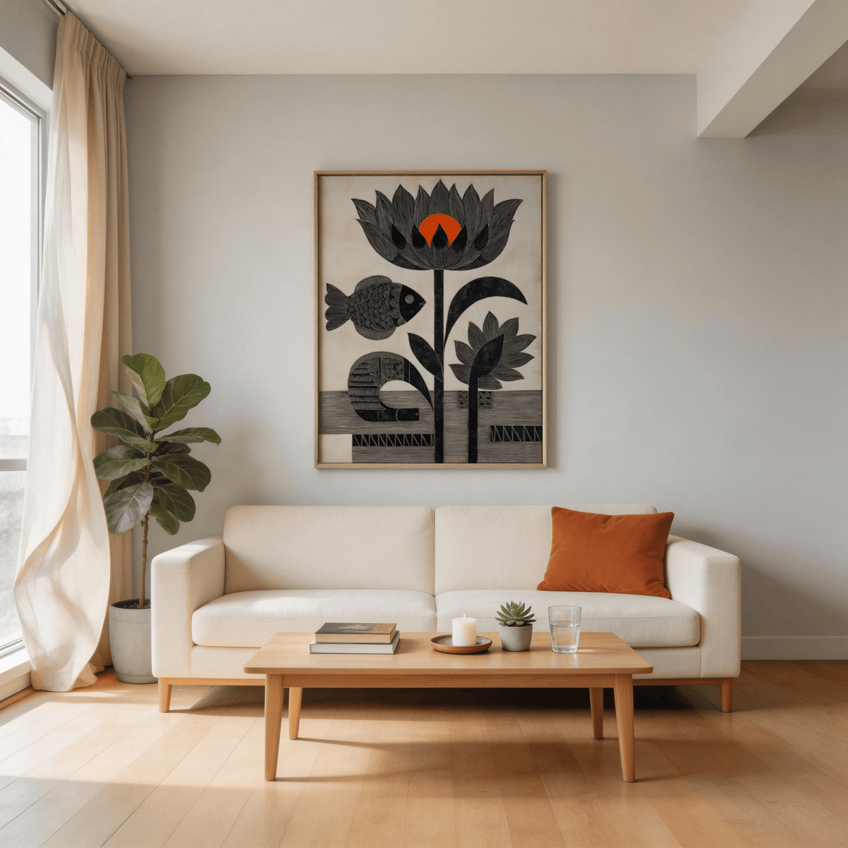 Graphic lotus stem and curved leaf shapes on wall art print, carved-line texture