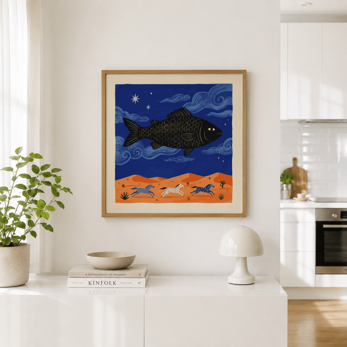 Playful Whimsical Fish Art Print poster with fish floating over orange dunes
