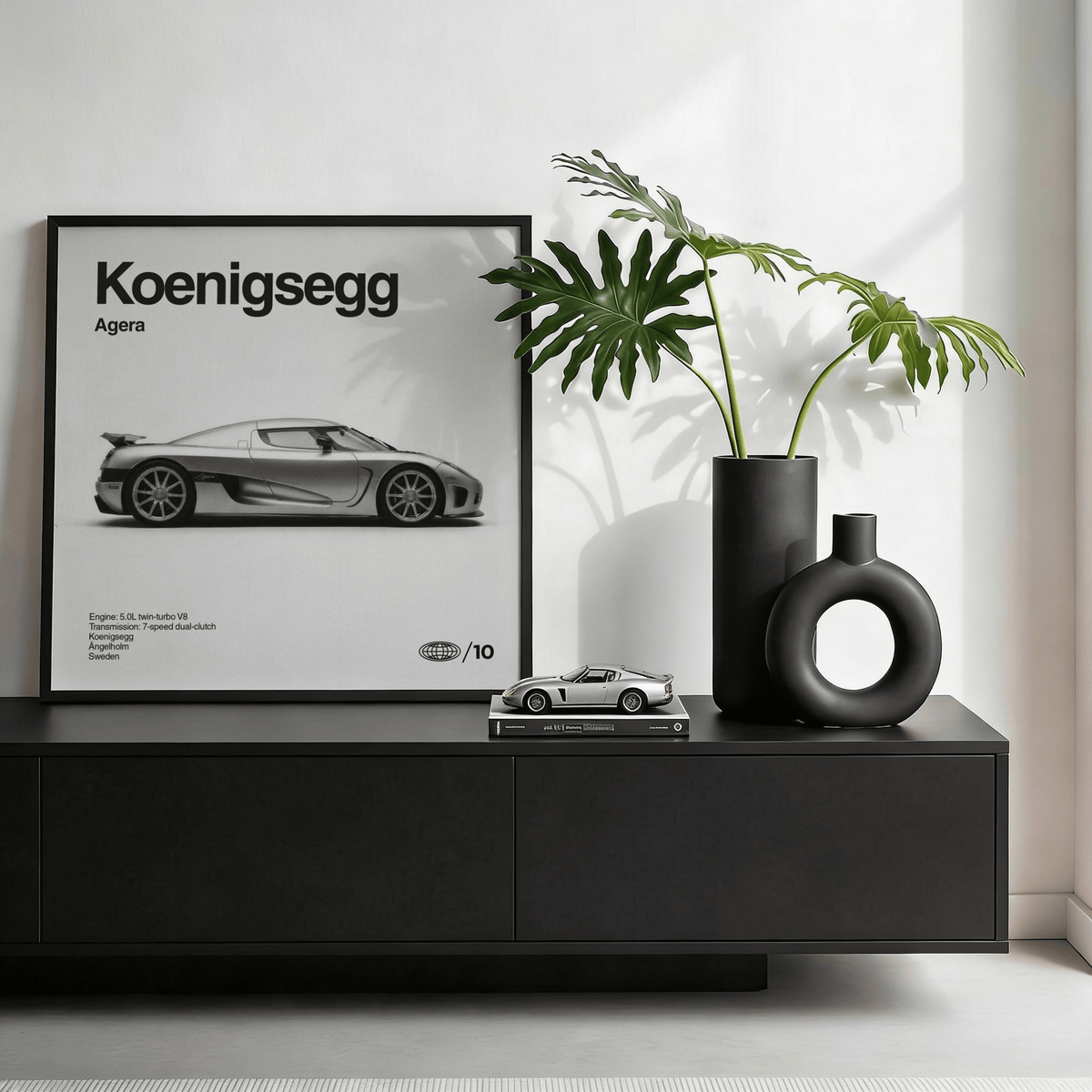 Automotive Koenigsegg Car Print in White featured in man cave wall art
