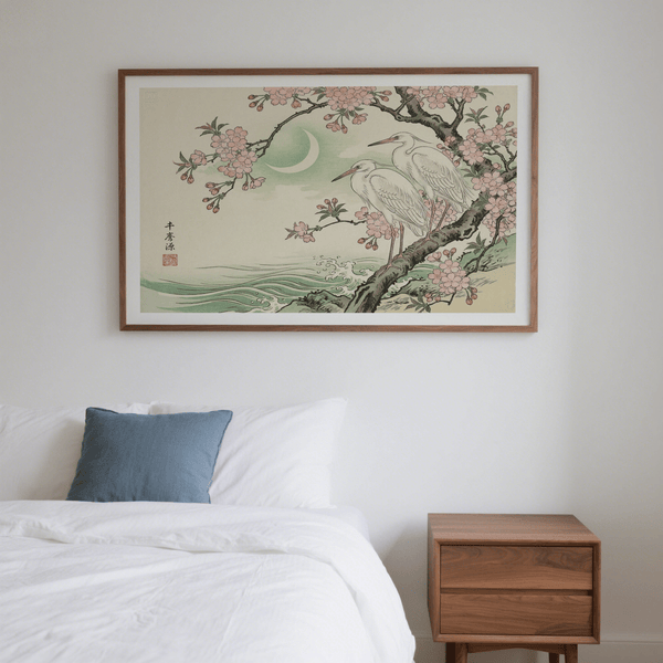 Detailed view of crescent moon above clustered blossoms in Japanese style print