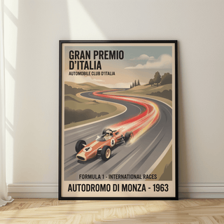 Overview poster print of a classic open-wheel race car speeding along an S-curve circuit under layered clouds