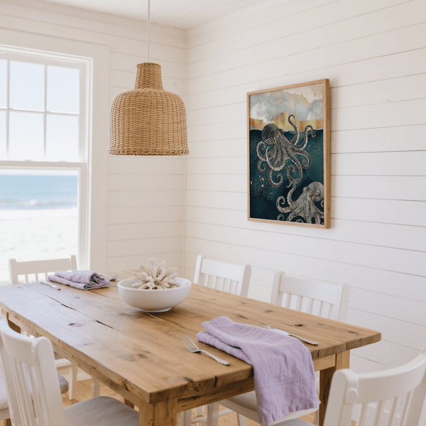 Modern Octopus Wall Art print with blue background, gold accents, bedroom decor