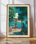 Coastal shrine approach print with torii gate, stone path, and distant hills