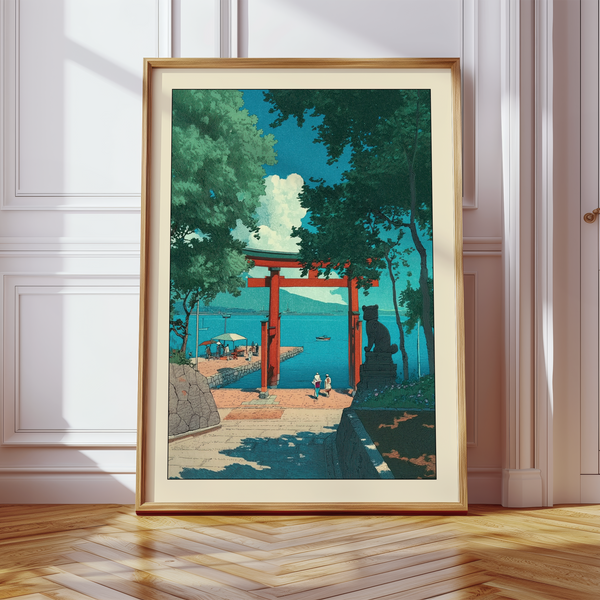 Coastal shrine approach print with torii gate, stone path, and distant hills