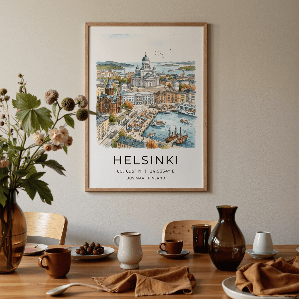 Waterfront city poster showing trams, pedestrians, and market tents along the quay