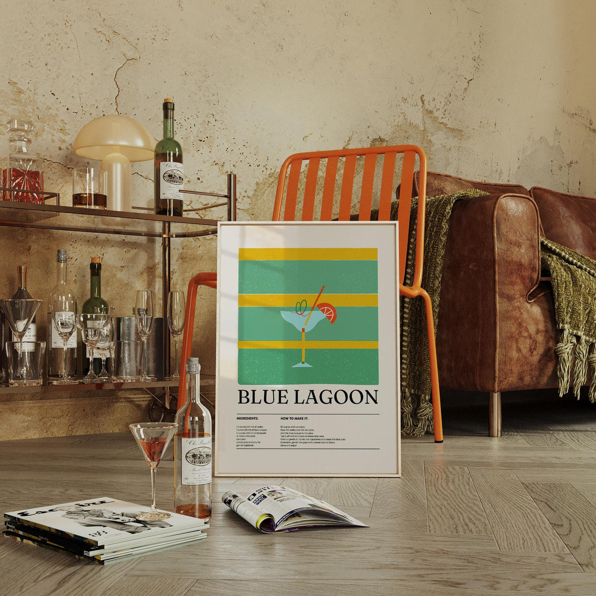 Retro-style kitchen wall picture showing a blue drink on a yellow and green background.