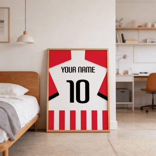 Minimal sports shirt poster print with angled sleeves and central number graphic