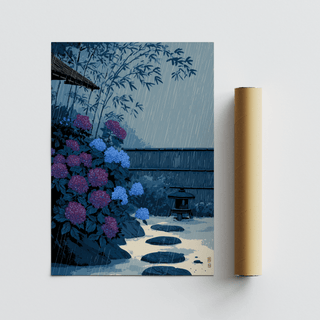 Rainy courtyard print with hydrangea bushes, flat stones, and a distant fence