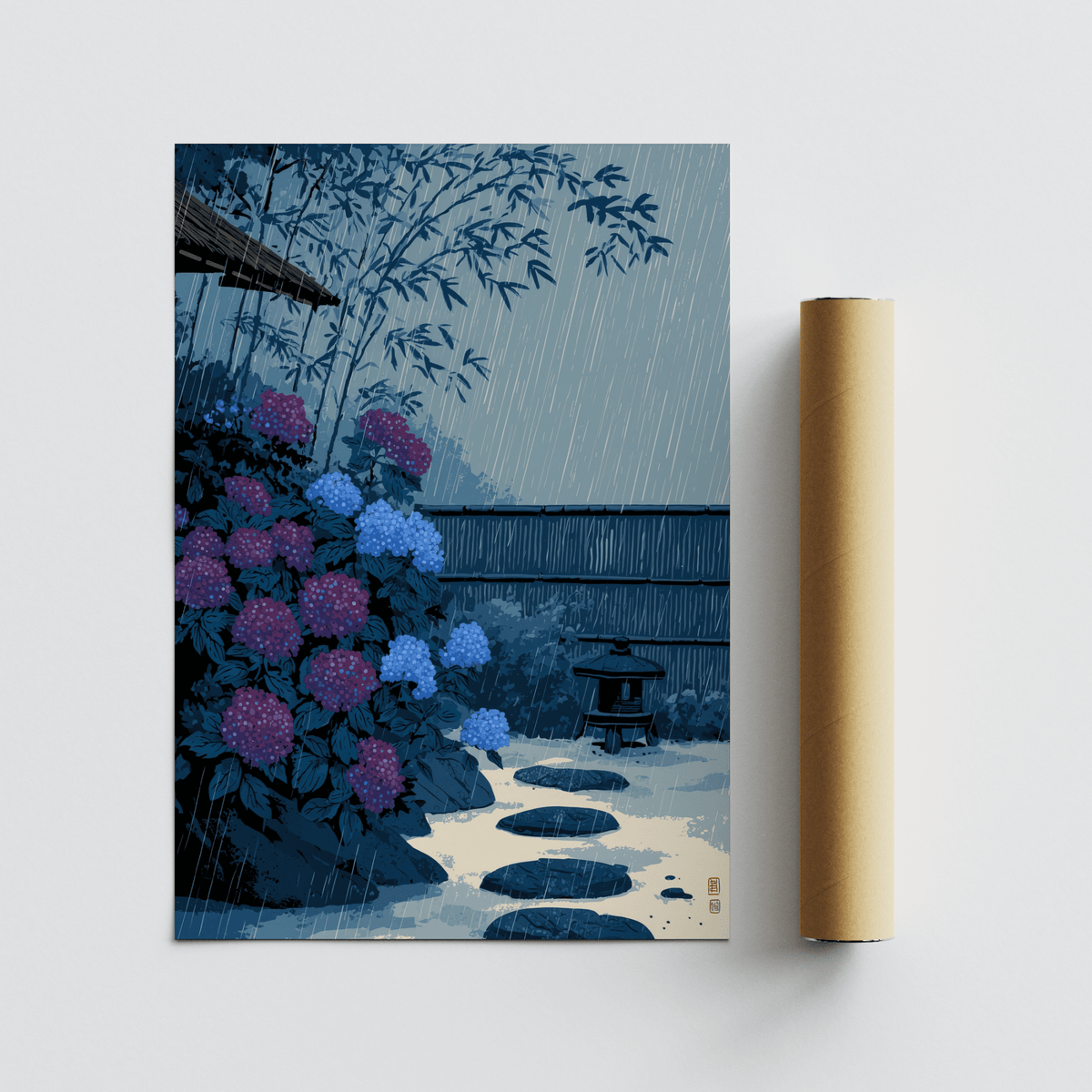 Rainy courtyard print with hydrangea bushes, flat stones, and a distant fence