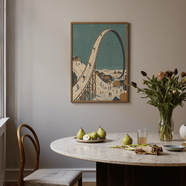 Winter Skiing Art Print blue ski ramp, winter-themed entryway art print