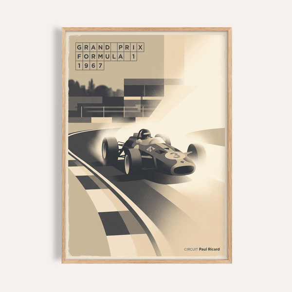 Grand Prix Formula 1 1967 racing poster with single-seater car on curving track