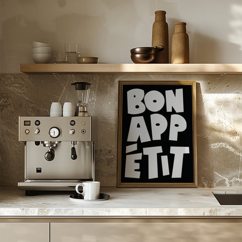 Stylish Bon Appétit black and white kitchen wall poster
