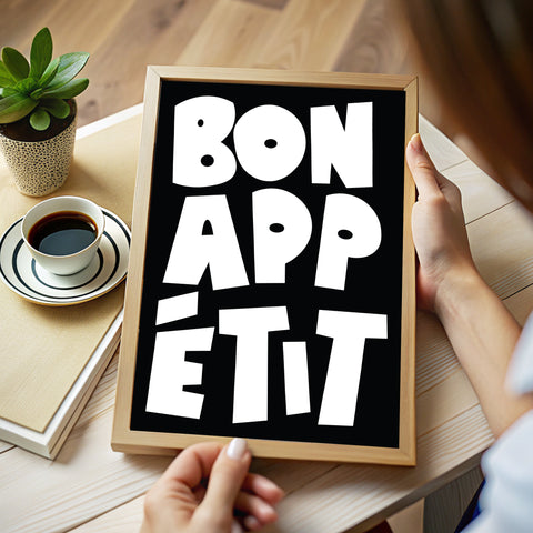 French phrase Bon Appétit kitchen art print in monochrome
