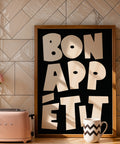 French-inspired Bon Appétit kitchen wall poster in black and white
