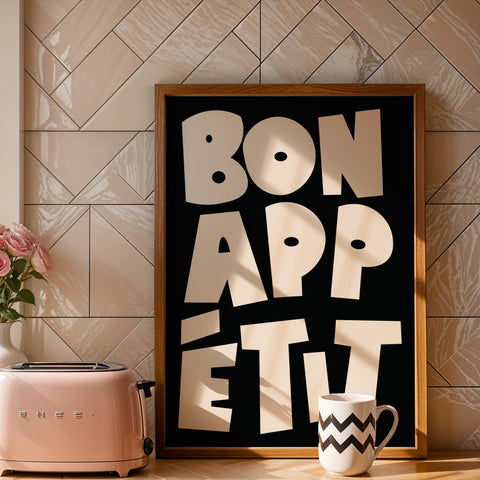 French-inspired Bon Appétit kitchen wall poster in black and white
