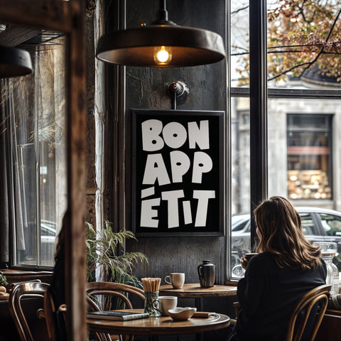 Bon Appétit kitchen wall art black and white typography
