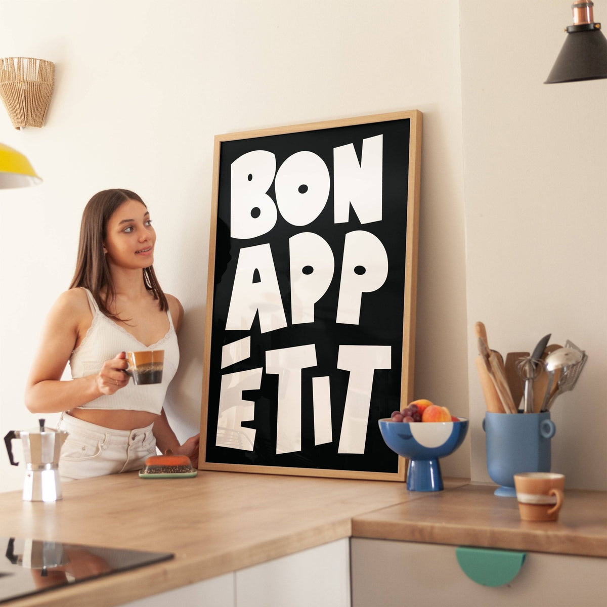 Kitchen wall art with bold monochrome typography