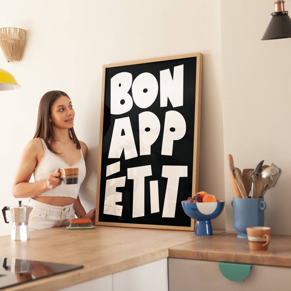 Kitchen wall art with bold monochrome typography