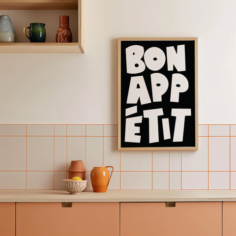 Elegant Bon Appétit poster with bold black typography
