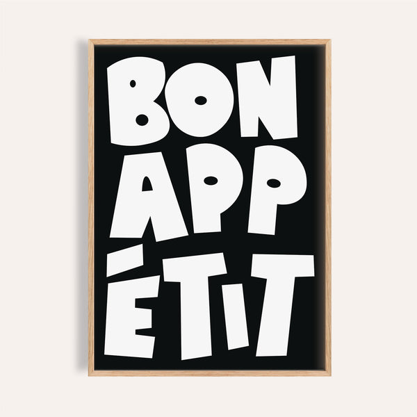 Kitchen wall art featuring Bon Appétit typography design