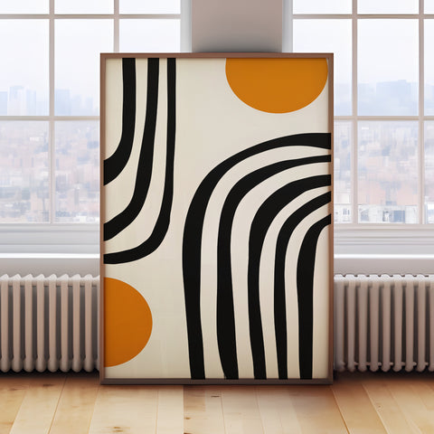 Minimalist Bauhaus black and orange arch stripe poster, ideal for contemporary spaces
