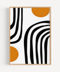 Minimalist Bauhaus black and orange arch stripe poster, ideal for contemporary spaces
