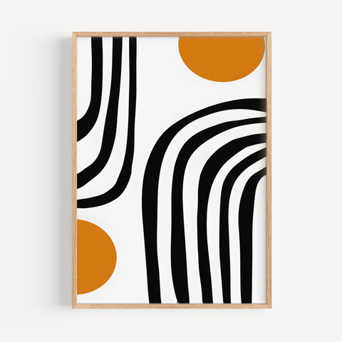 Minimalist Bauhaus black and orange arch stripe poster, ideal for contemporary spaces
