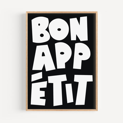 French-inspired Bon Appétit kitchen poster with bold typography