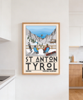 Seated riders on deck chairs in St Anton Tyrol Art Print overlooking snowy resort