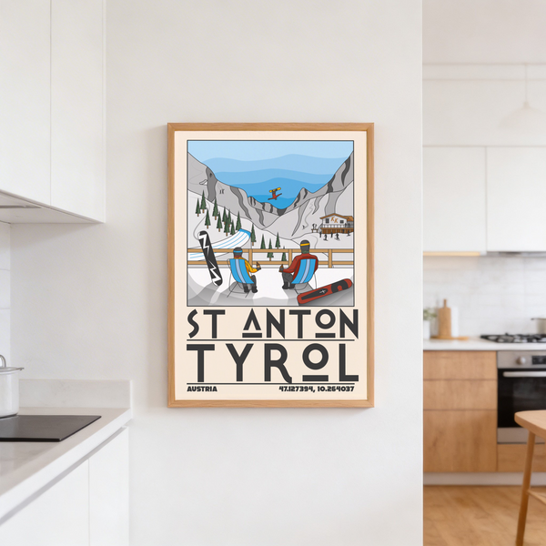 Seated riders on deck chairs in St Anton Tyrol Art Print overlooking snowy resort