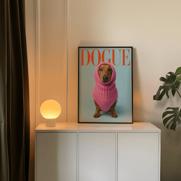 Funny Daschund Print showcasing pink sweaters and blue background decor