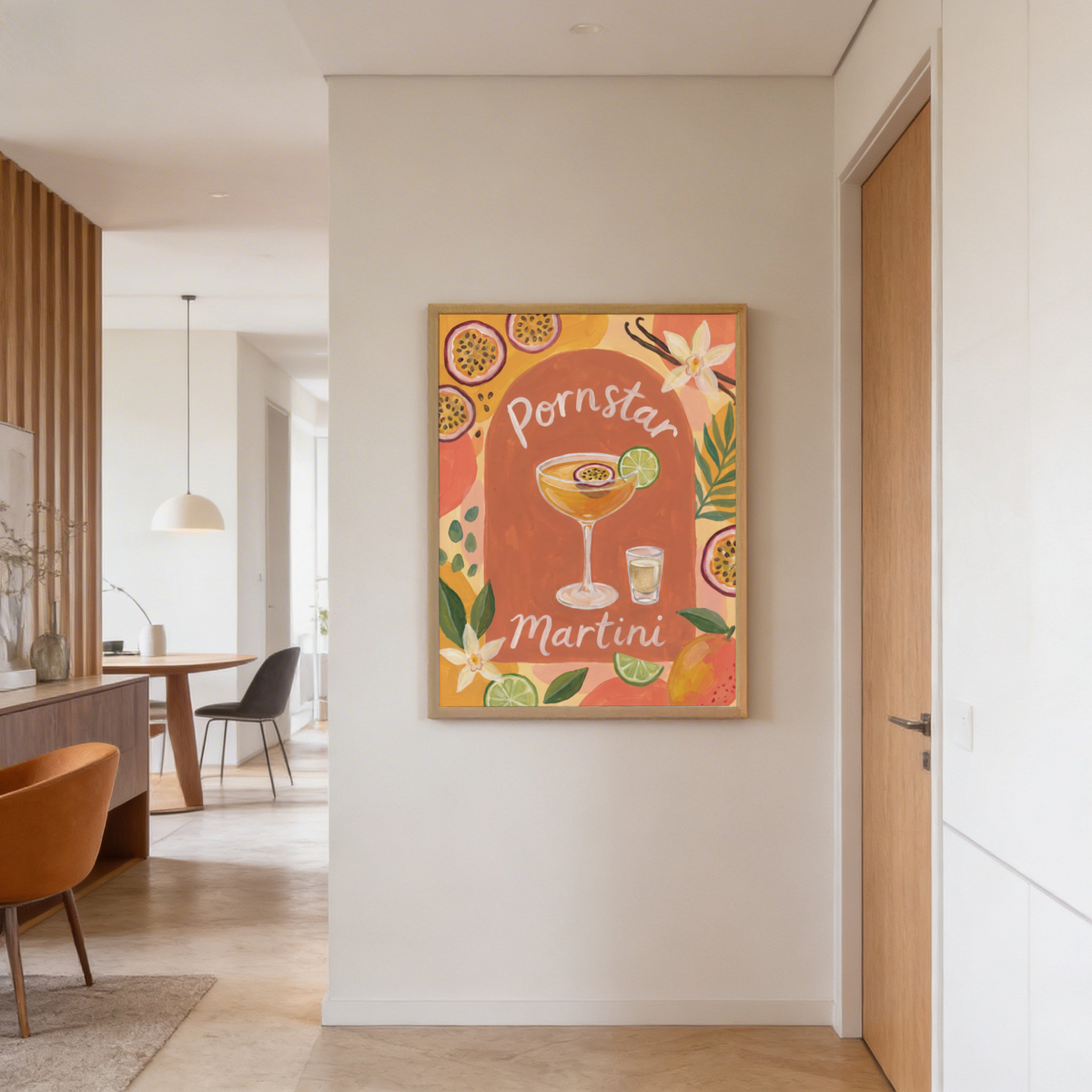 Illustrating a bar-themed poster print with a cocktail glass centerpiece and fruit-and-leaf frame details