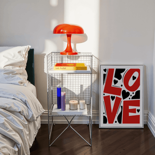 Stacked LOVE letterform poster print with decorative hearts and abstract blocks