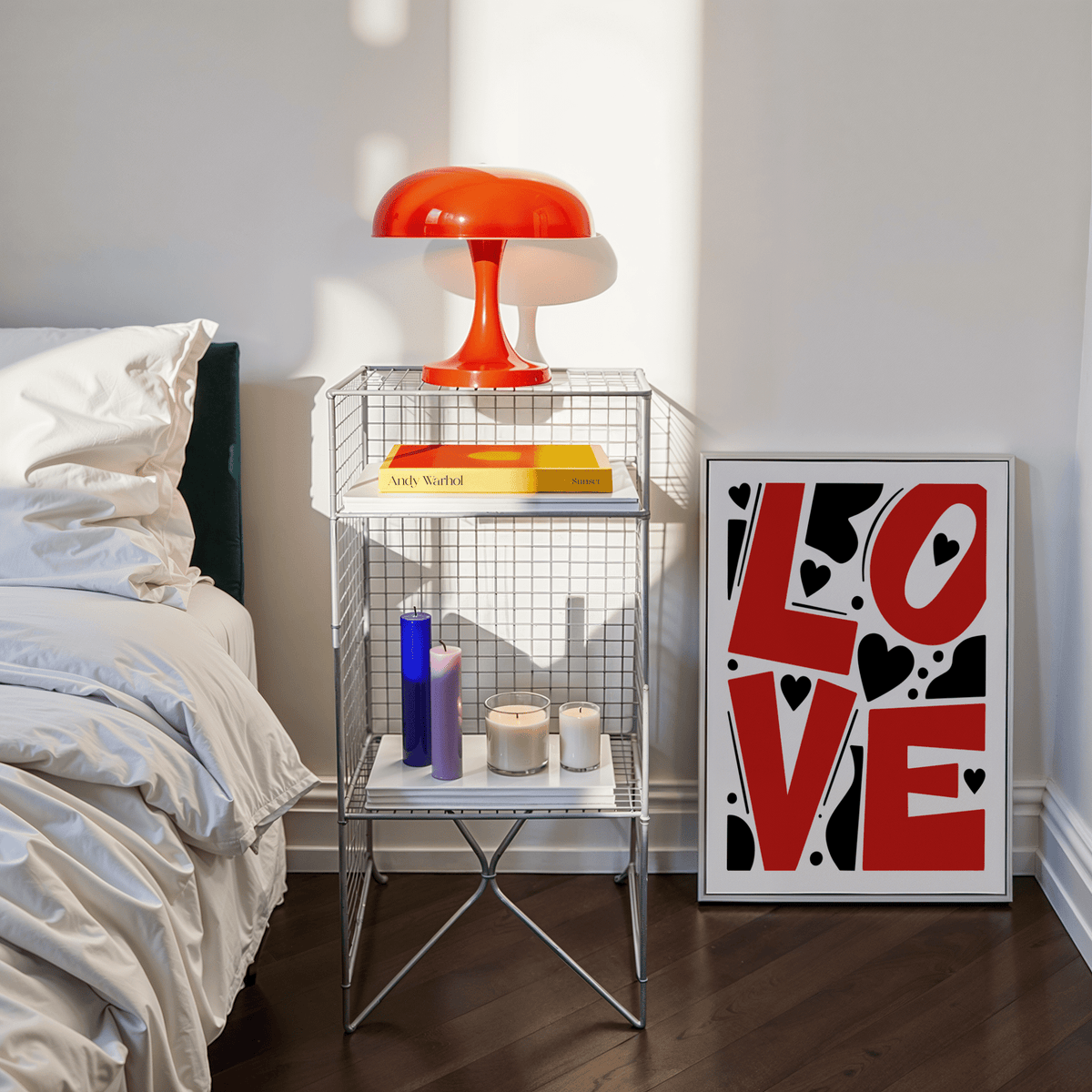 Stacked LOVE letterform poster print with decorative hearts and abstract blocks