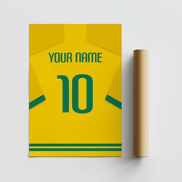 Sports poster displaying Brazilian shirt back layout on white background