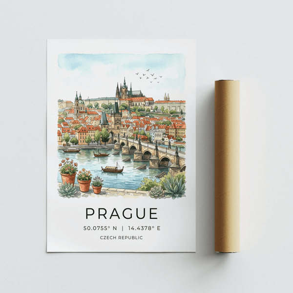 Minimal text-led Prague City Wall Art poster with city name, coordinates, and Czech Republic label