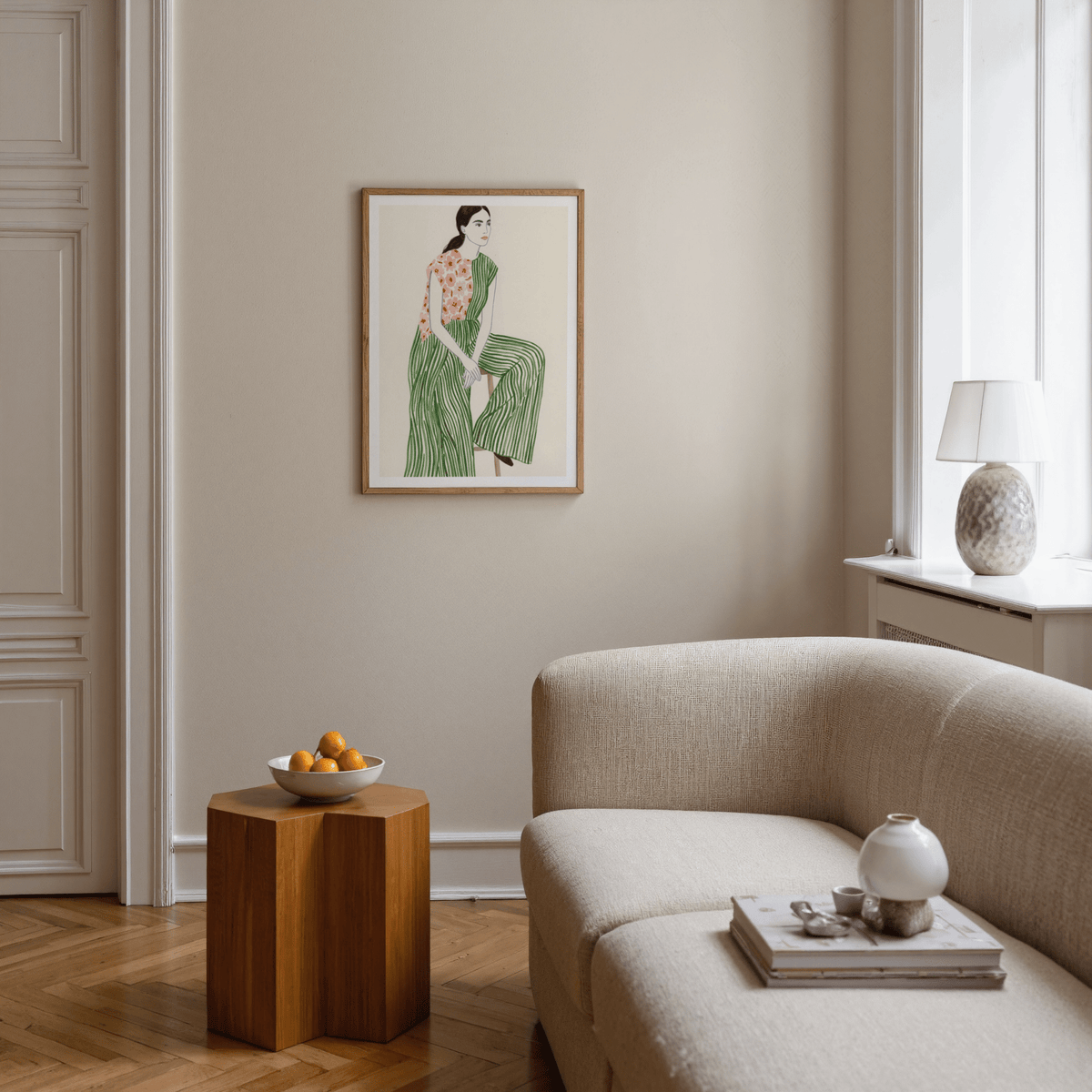 Fashion Illustration Art Print of minimalist line-drawn figure sitting on a stool