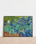 Blue Iris Wall Art features green foliage, ideal for office wall art