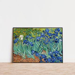Blue Iris Wall Art features green foliage, ideal for office wall art