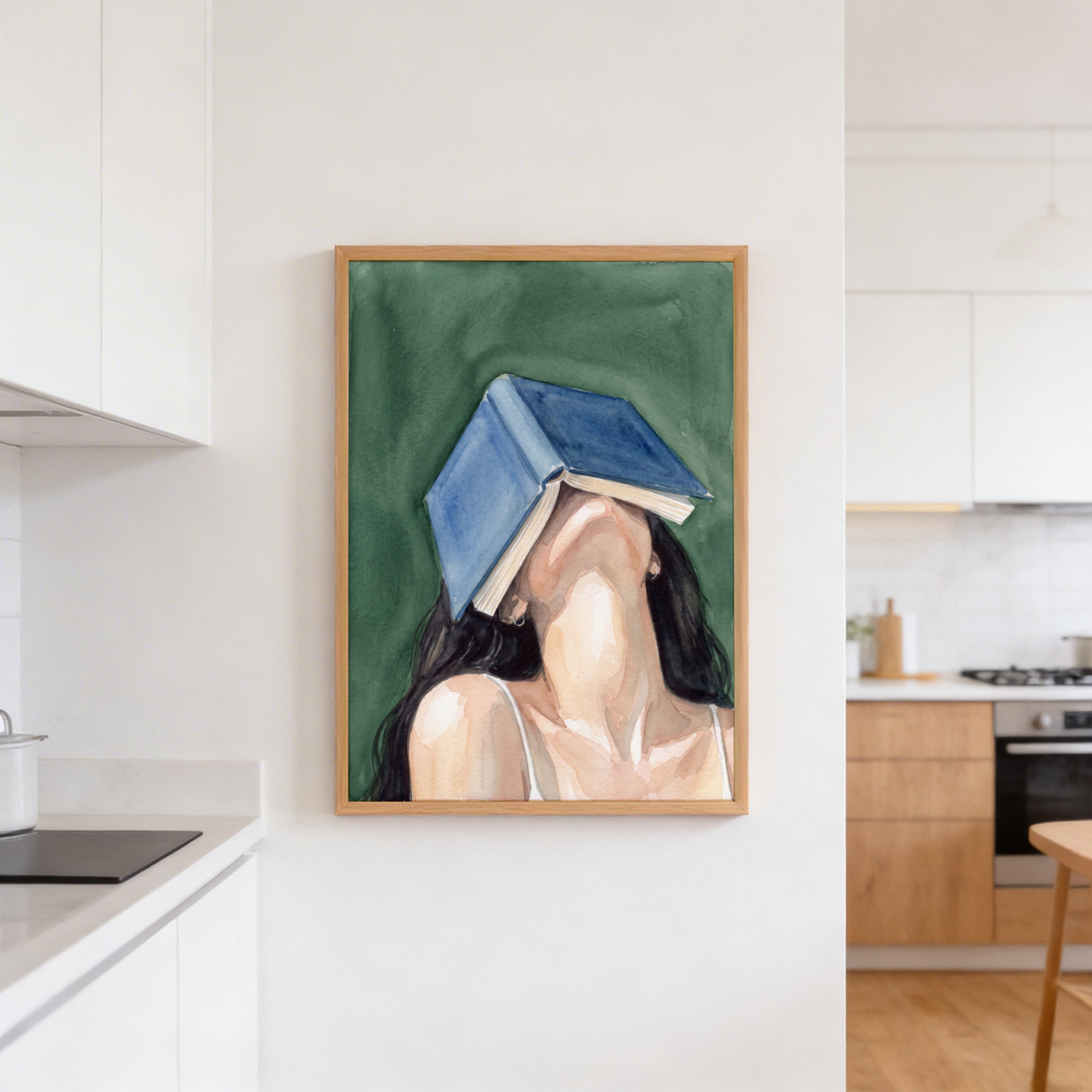 Portrait art print showing a woman’s neck and shoulders with an open book resting over her forehead