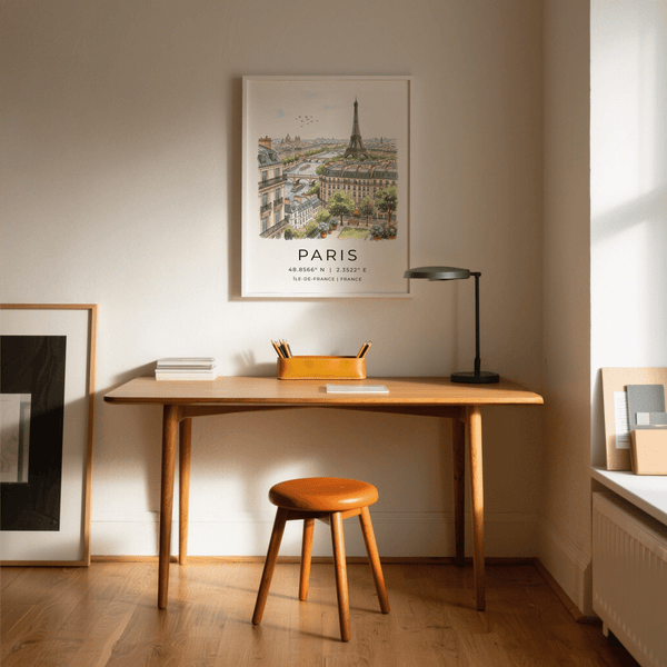 Garden terrace view with potted flowers and bench in Paris Cityscape Art Print wall art