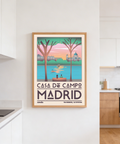 Tree silhouettes and skyline in Madrid Wall Art with bold travel poster text