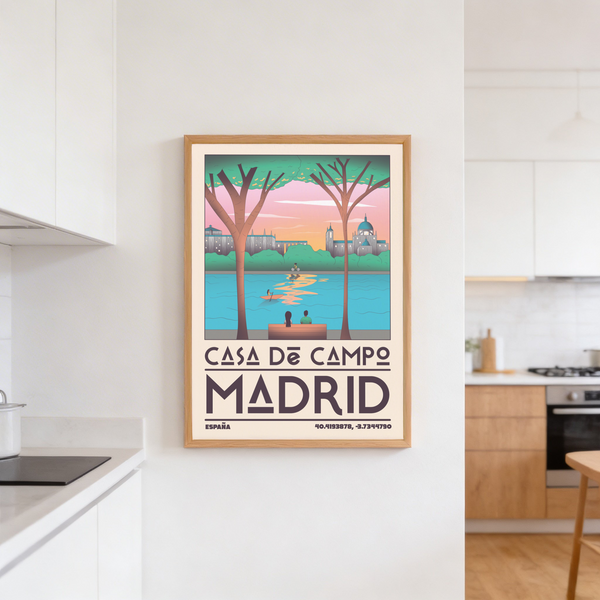 Tree silhouettes and skyline in Madrid Wall Art with bold travel poster text