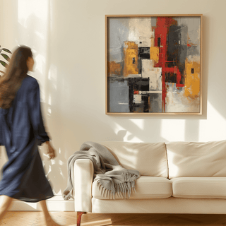 Red and Yellow Abstract Poster featuring bold blocks for modern office