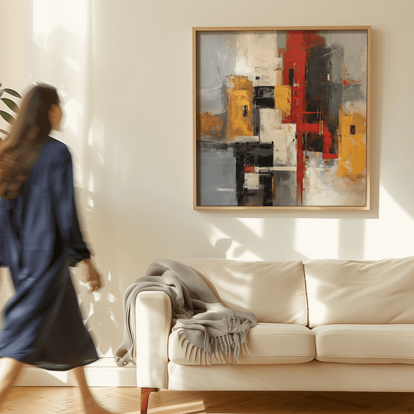 Red and Yellow Abstract Poster featuring bold blocks for modern office