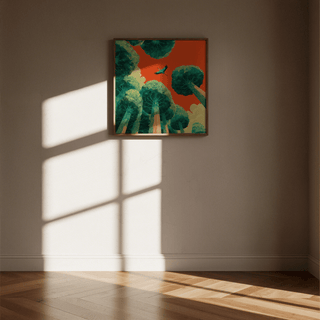 Bird in Flight Wall Art, Green canopies and Red sky, dining room print
