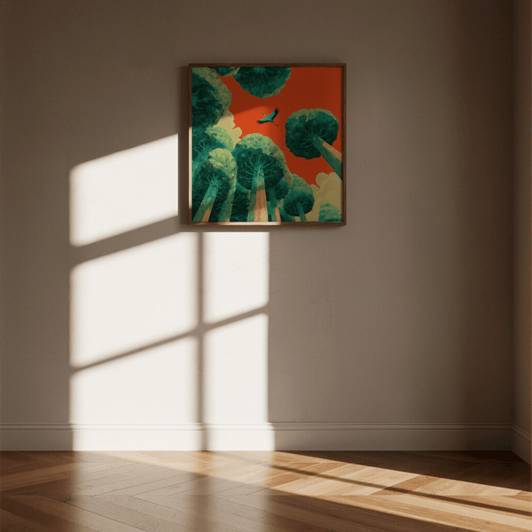 Bird in Flight Wall Art, Green canopies and Red sky, dining room print