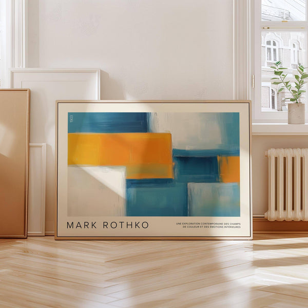 Expansive blue and yellow abstract wide wall art​
